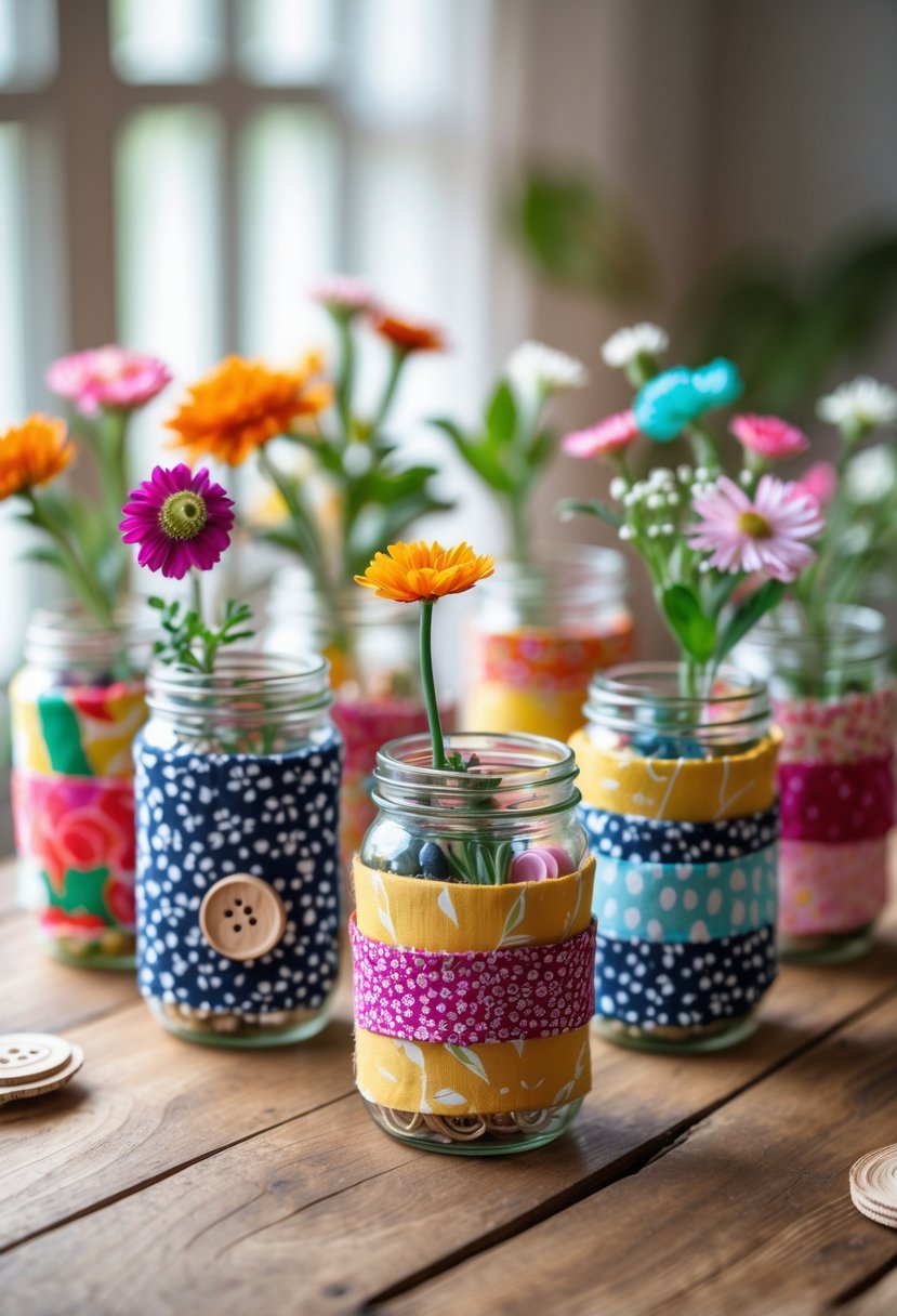 Mason jars wrapped with colorful fabric scraps arranged on a wooden table, filled with flowers and craft supplies.