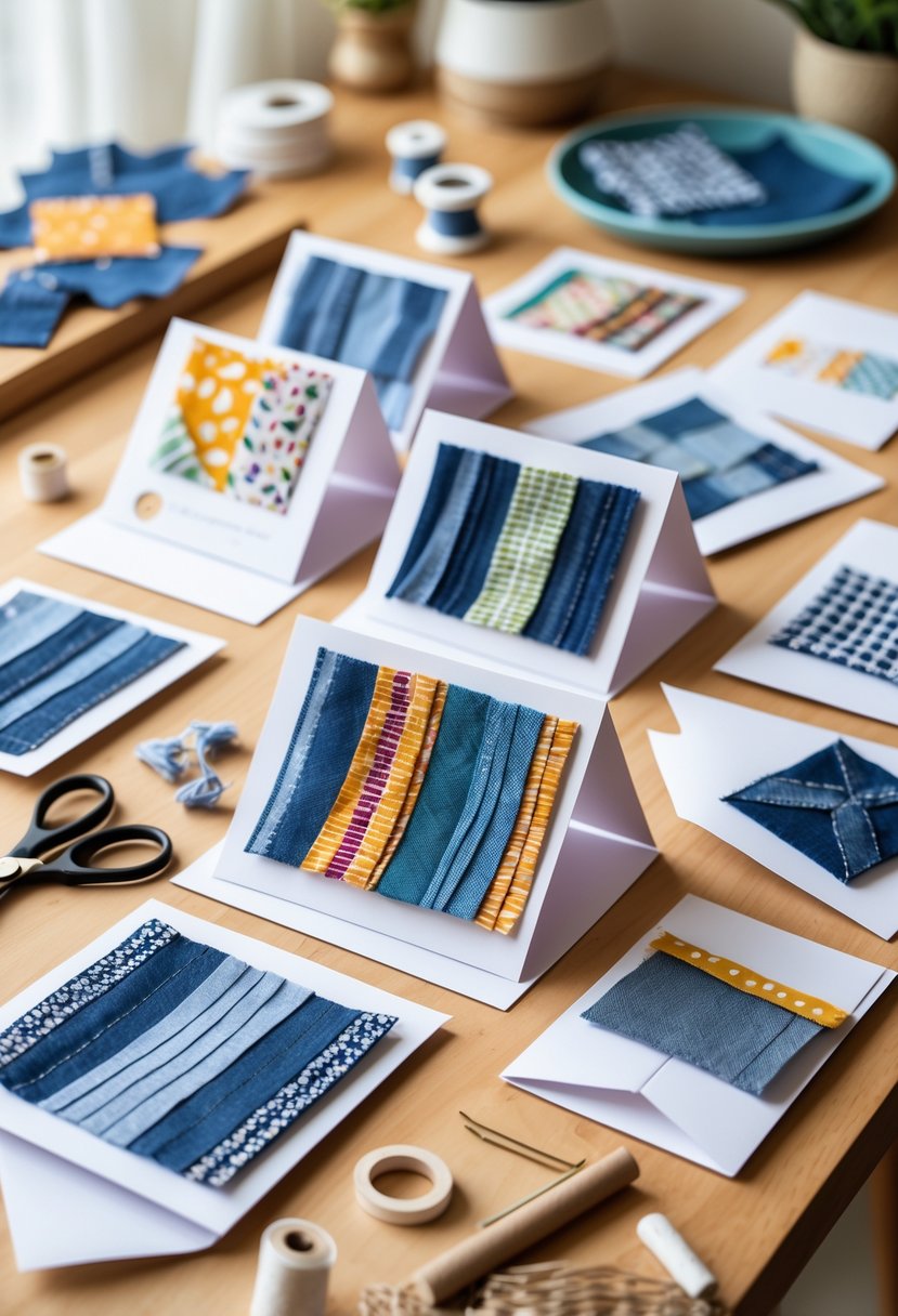 A wooden table with handmade greeting cards made from colorful fabric scraps surrounded by crafting tools and fabric pieces.
