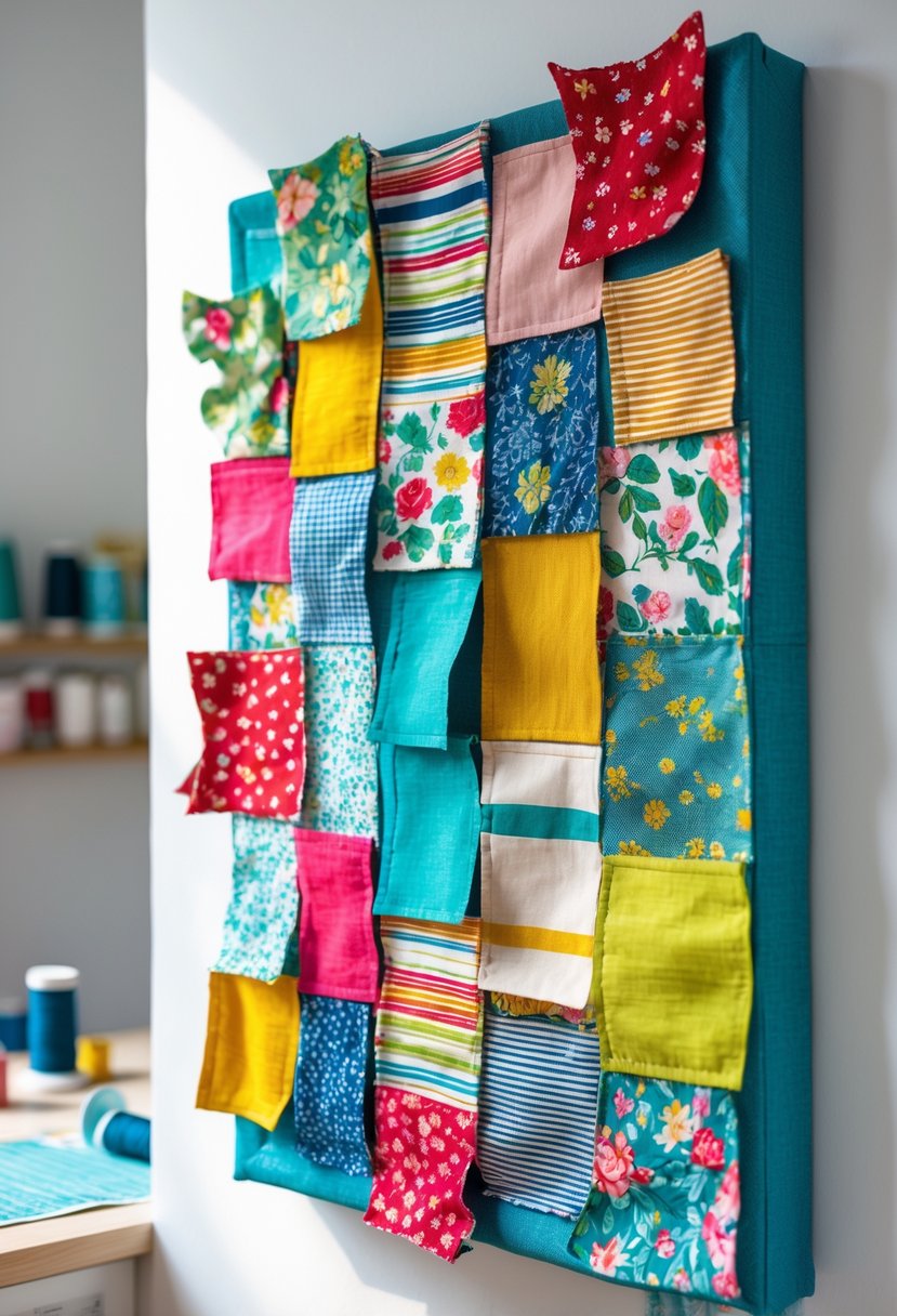Colorful fabric scrap appliqué wall art made of various patterned and textured fabric pieces arranged on a wall.