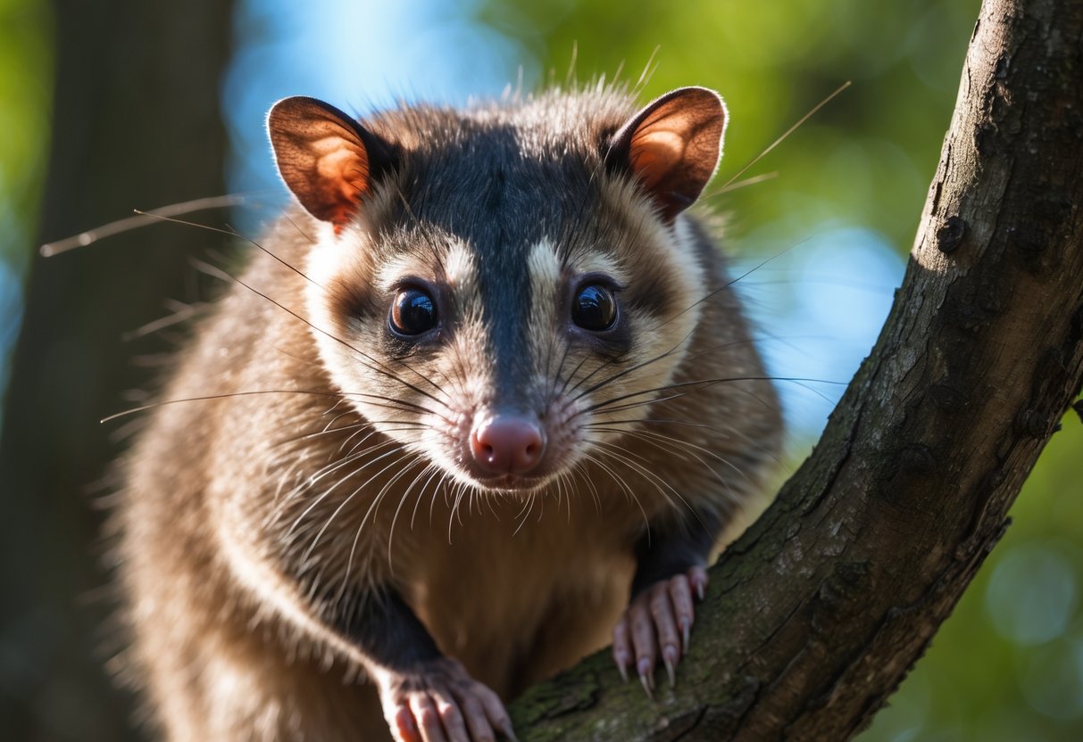 A close-up of an opossum sitting on a tree branch in a forest, looking alert and curious.