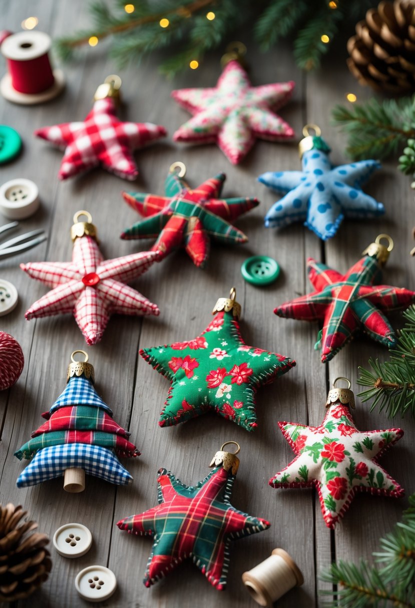 A collection of colorful Christmas ornaments made from fabric scraps arranged on a wooden surface with crafting supplies and pine branches nearby.