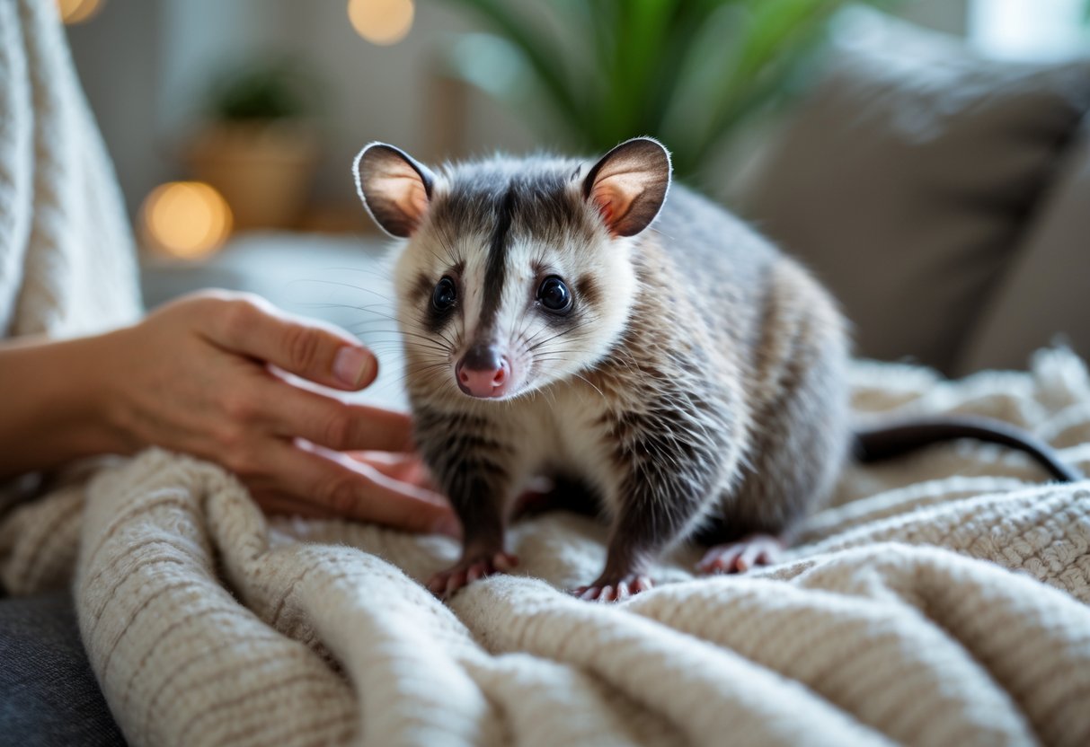 A calm opossum resting on a soft cushion indoors with a human hand nearby, suggesting care and companionship.