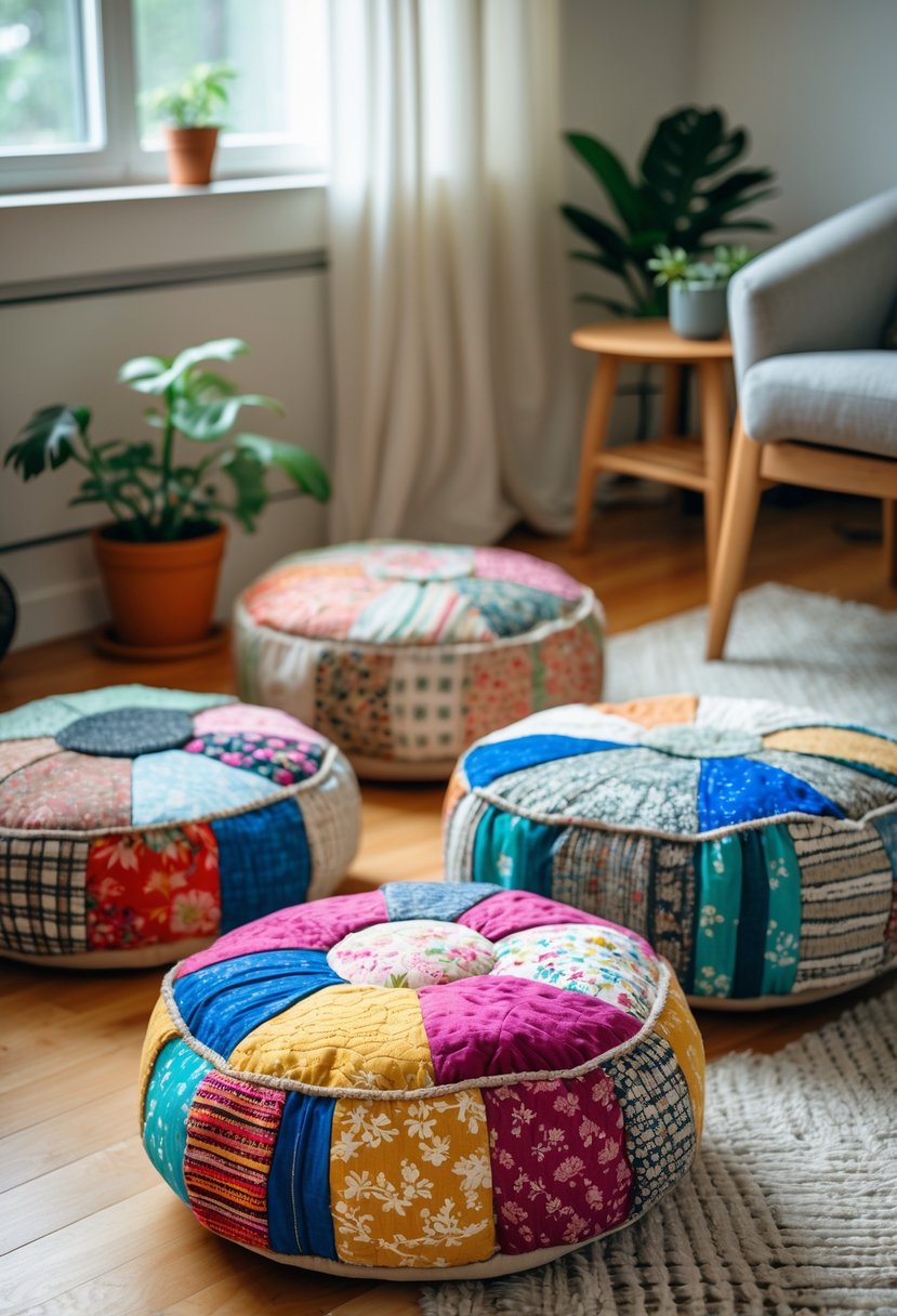 A cozy living space with colorful fabric scrap poufs arranged on a wooden floor near a window and simple furniture.
