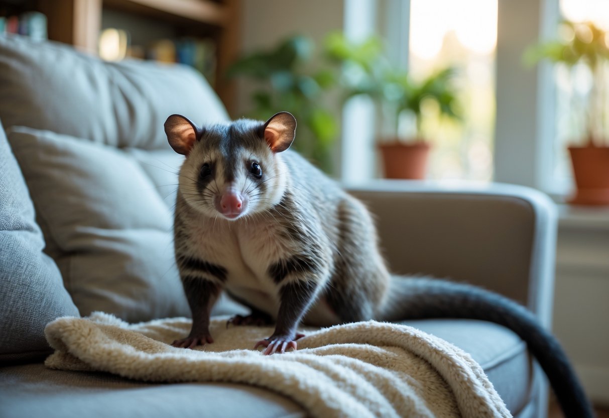 An opossum sitting comfortably on a soft cushion inside a cozy living room with plants and a bookshelf in the background.