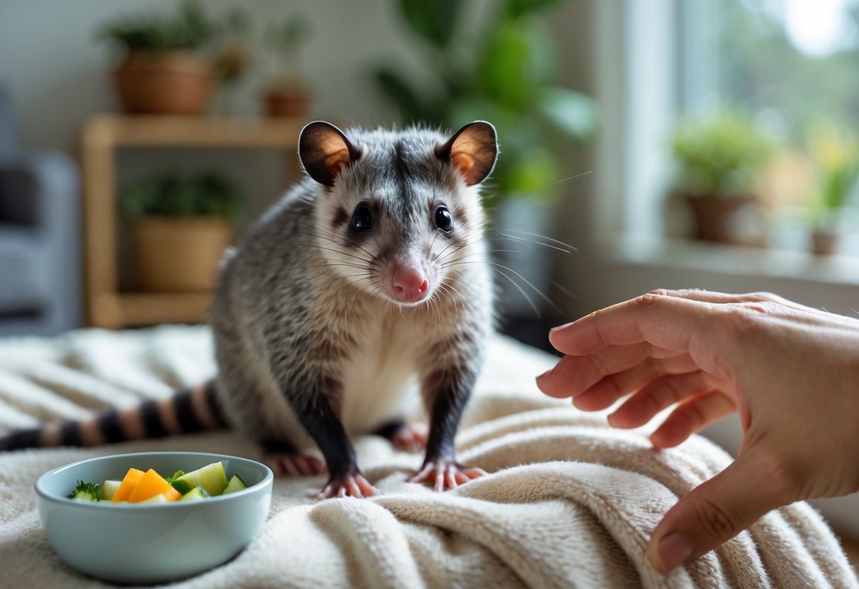 An opossum sitting calmly on a soft surface inside a cozy home, with a hand gently reaching out to pet it and a bowl of fresh food nearby.