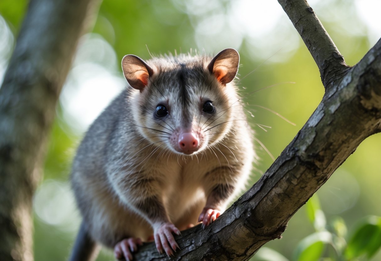 A calm opossum sitting on a tree branch in a natural outdoor environment.