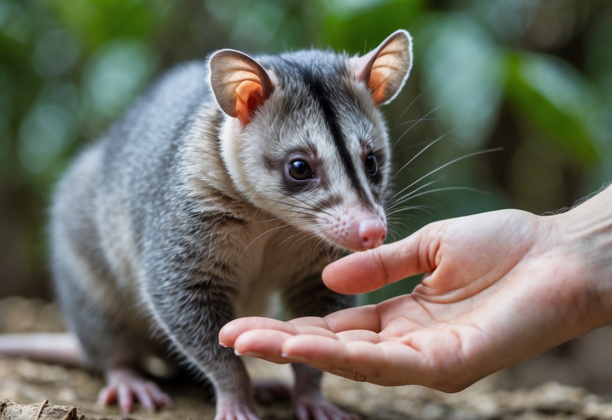 An opossum cautiously reaching toward a human hand in a natural outdoor setting.