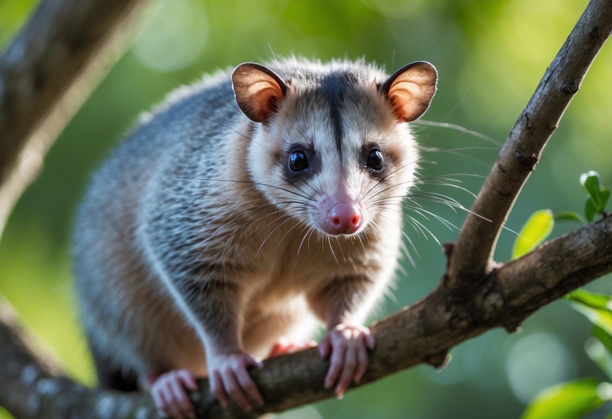 A close-up of a clean opossum sitting on a tree branch surrounded by green leaves.