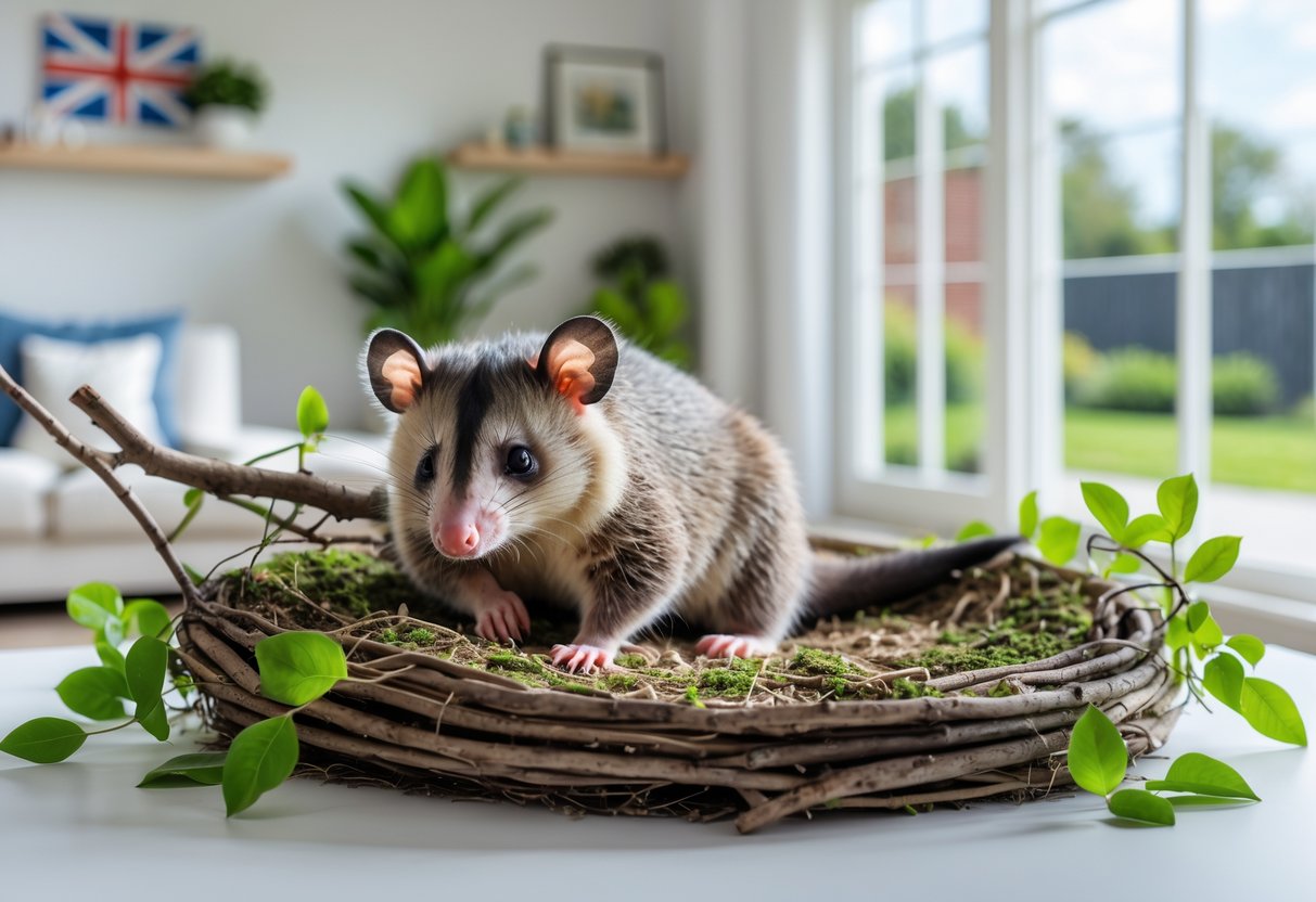 An opossum resting inside a naturalistic pet enclosure in a bright living room with a window showing a garden outside.
