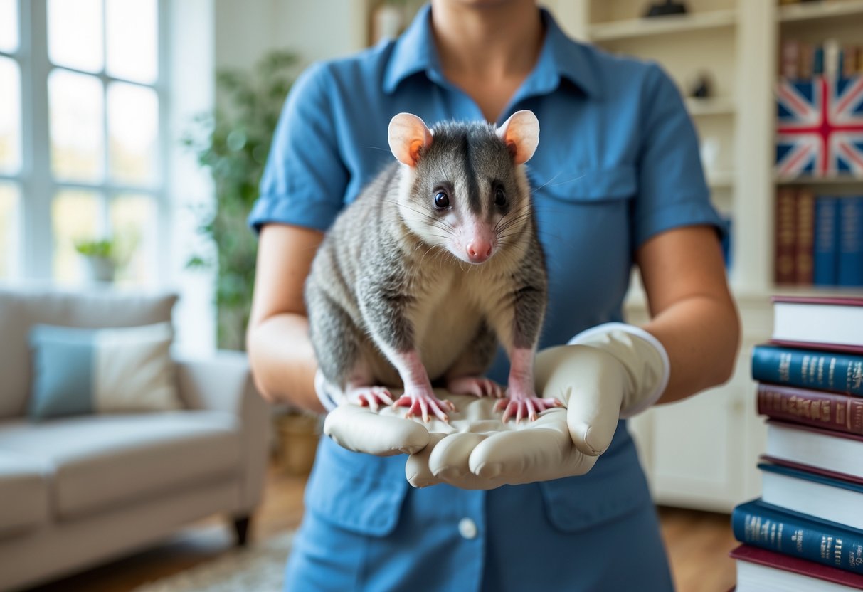 A person holding a calm opossum indoors with a living room background and legal books nearby.