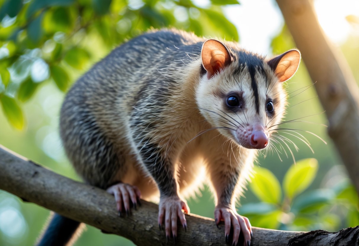 A close-up of an opossum sitting on a tree branch surrounded by green leaves.