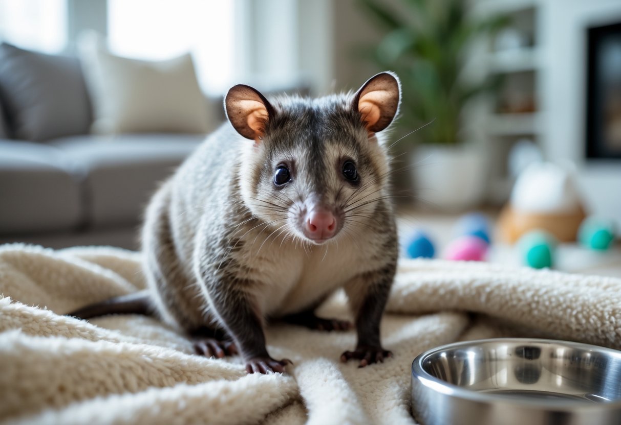 An opossum sitting calmly on a soft blanket inside a cozy home environment with pet care items nearby.