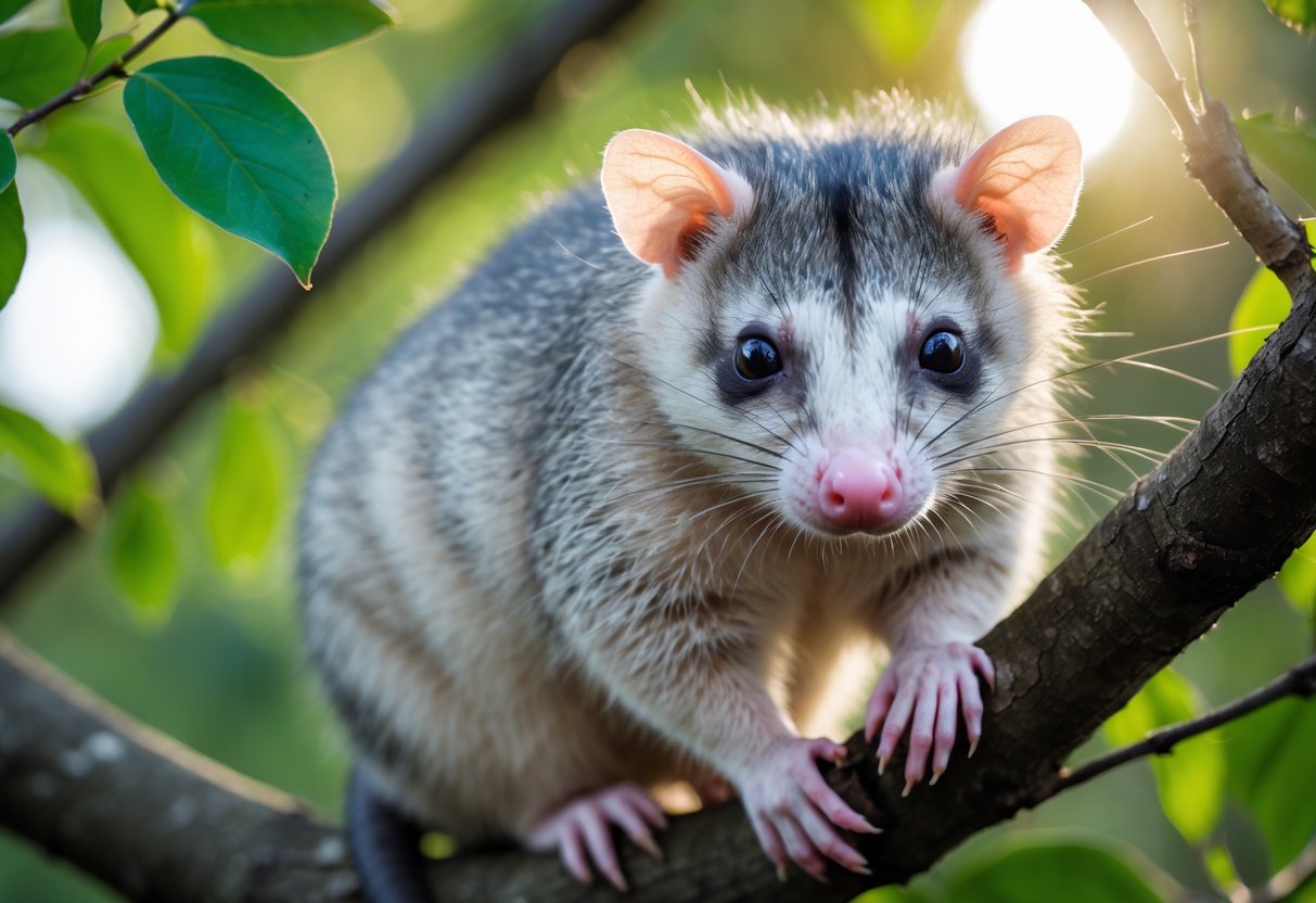 A close-up of an opossum sitting on a tree branch surrounded by green leaves.