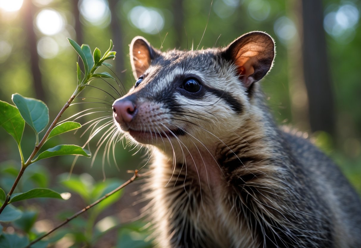 A close-up of an opossum sniffing the air in a forest setting.