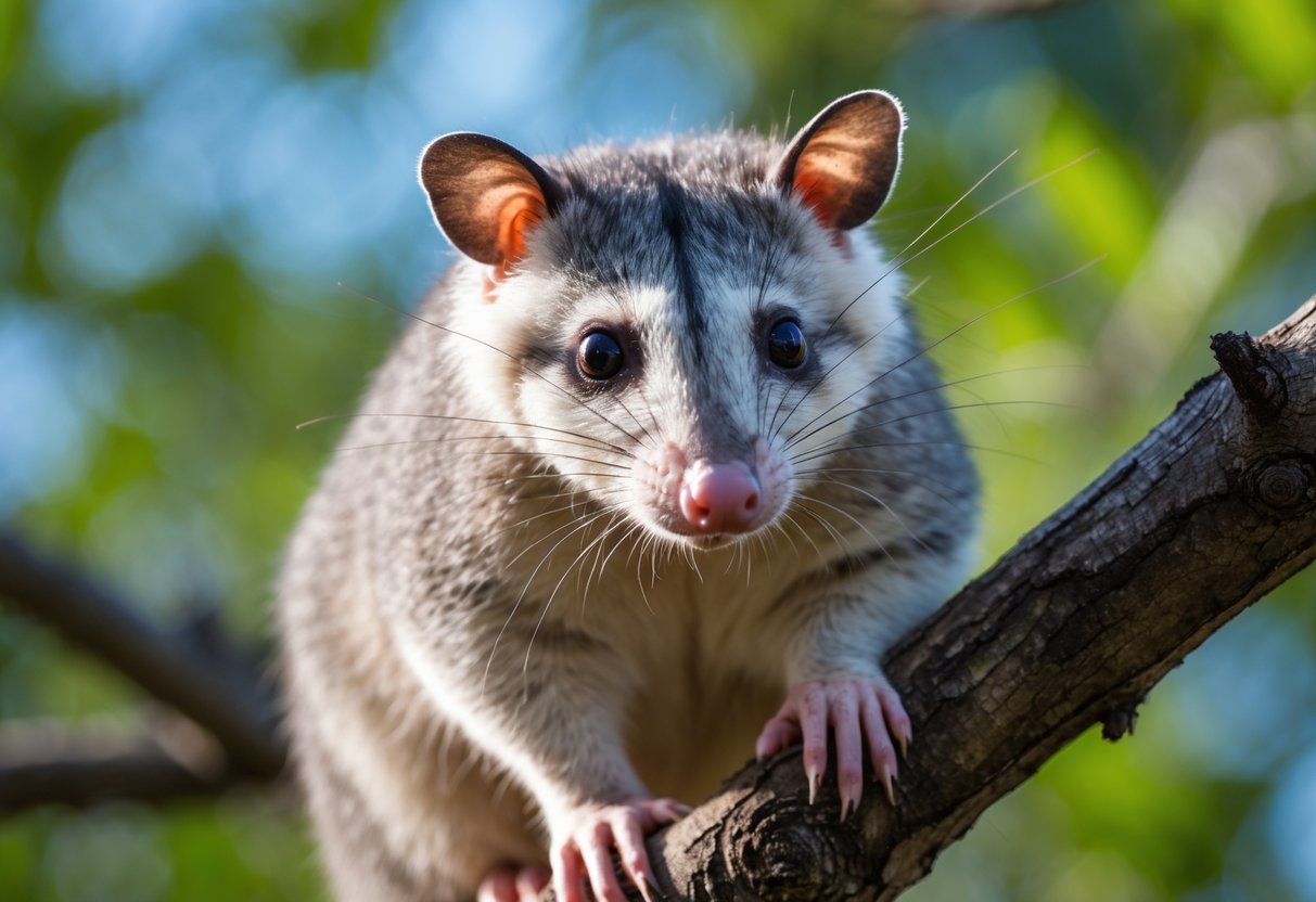 A North American opossum sitting on a tree branch surrounded by green leaves.