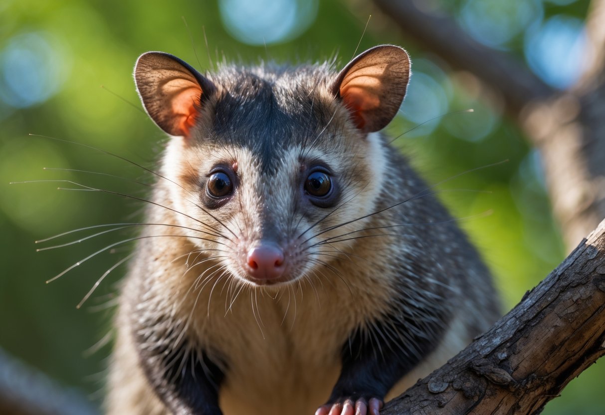 Close-up of an opossum sitting on a tree branch with eyes open and ears upright in a green forest background.