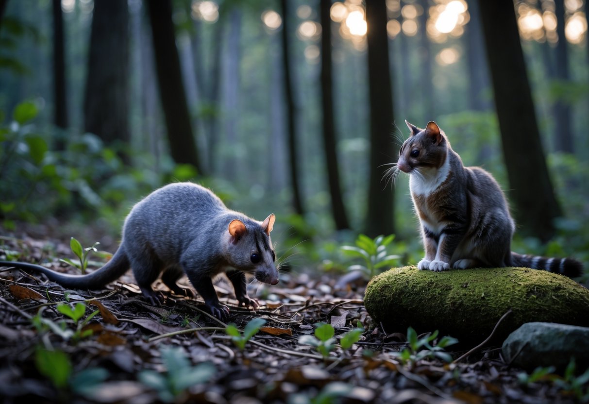 An opossum and a cat calmly observing each other in a forest setting at dusk.