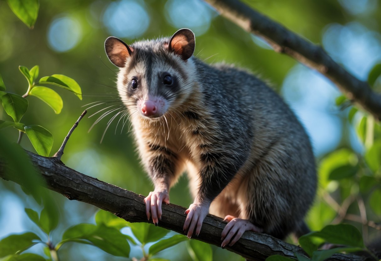 An opossum sitting on a tree branch surrounded by green leaves in a natural outdoor setting.