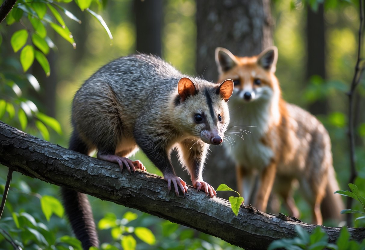 An opossum on a tree branch with a red fox nearby in a green forest during daytime.