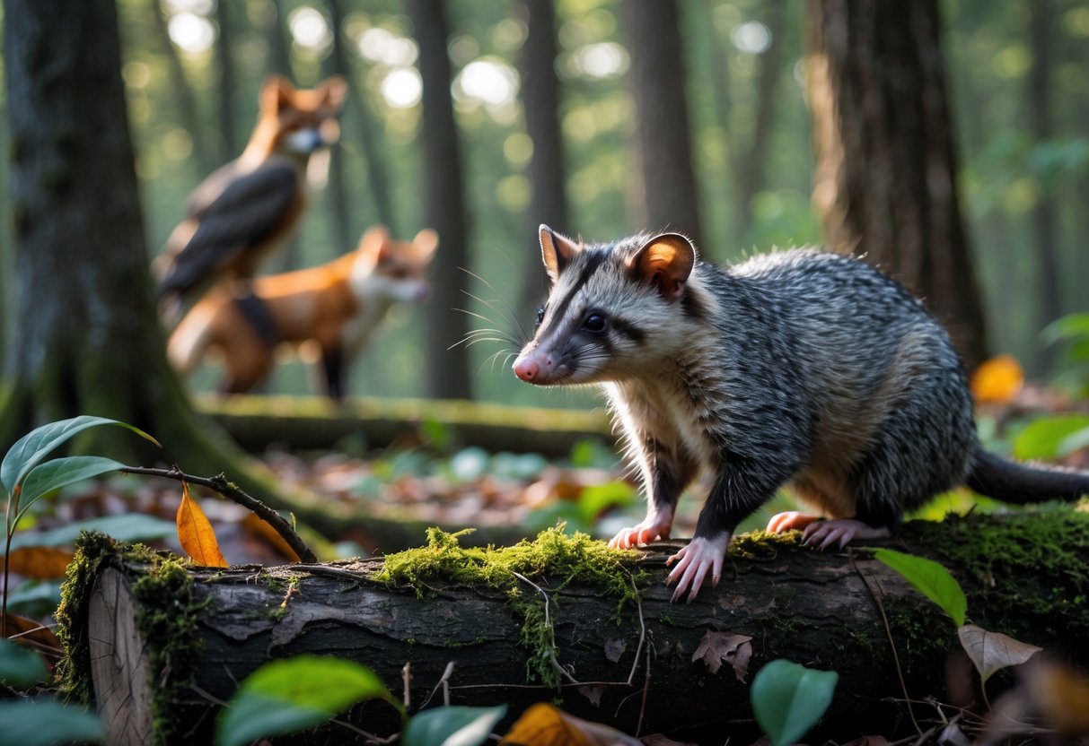 An opossum on a mossy log in a forest with a red fox watching from the background.