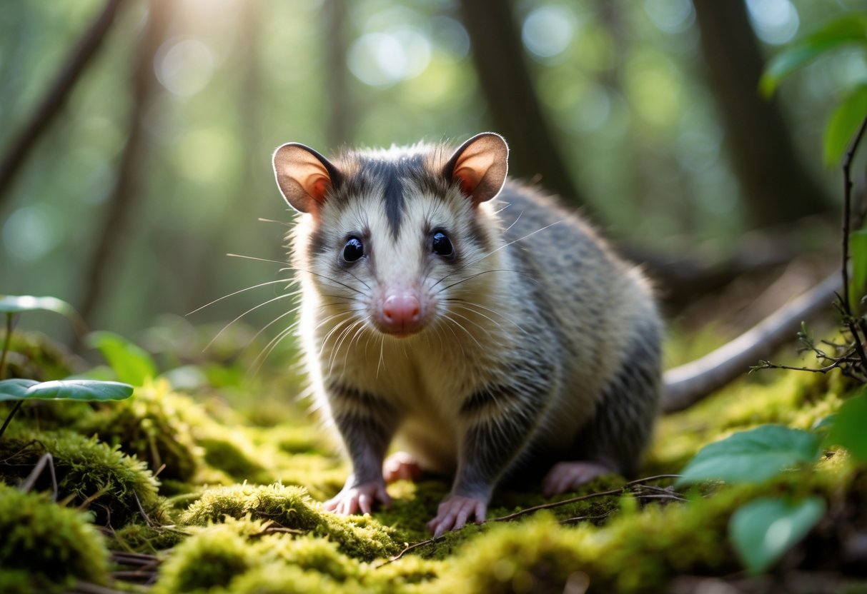 A close-up of a clean opossum sitting on a mossy forest floor with sunlight filtering through the trees.