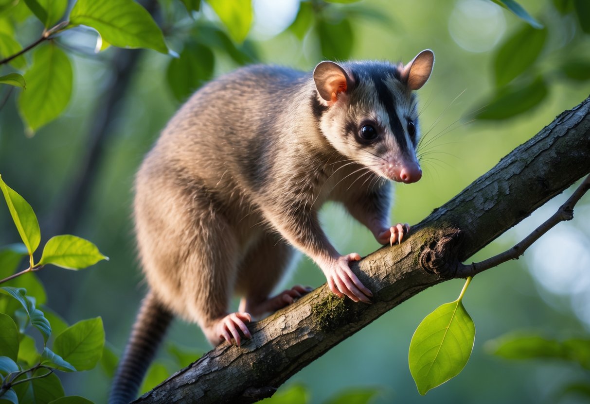 An opossum sitting on a tree branch surrounded by green leaves in a forest.