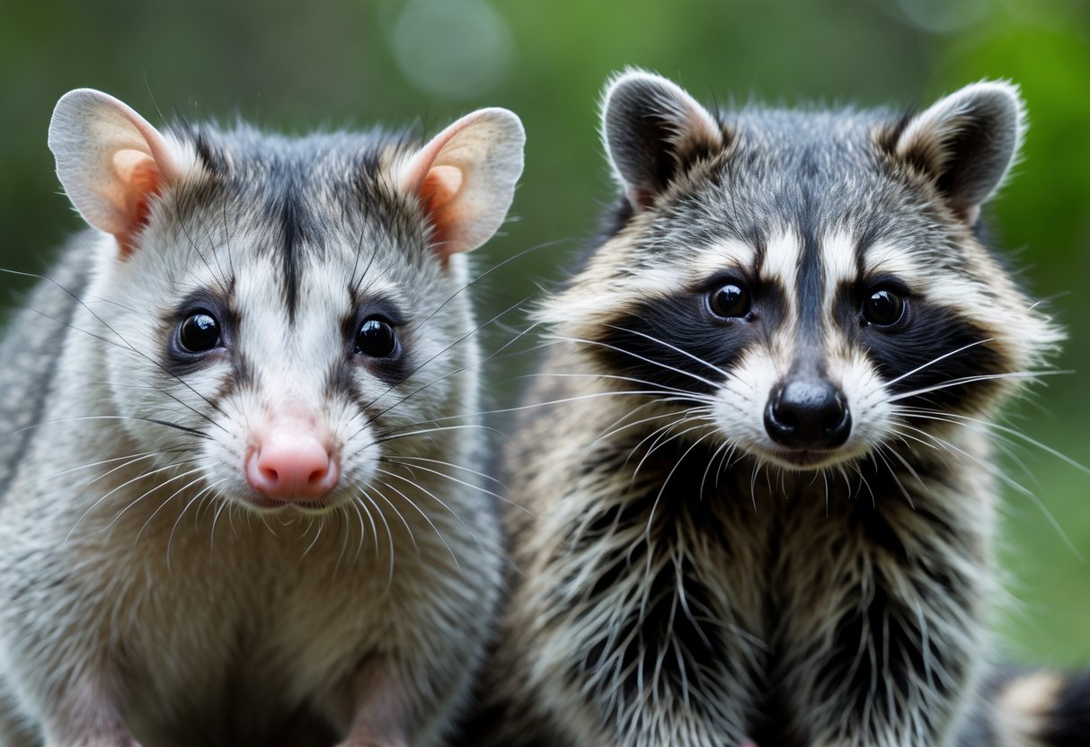 An opossum and a raccoon standing side by side outdoors with green foliage in the background.