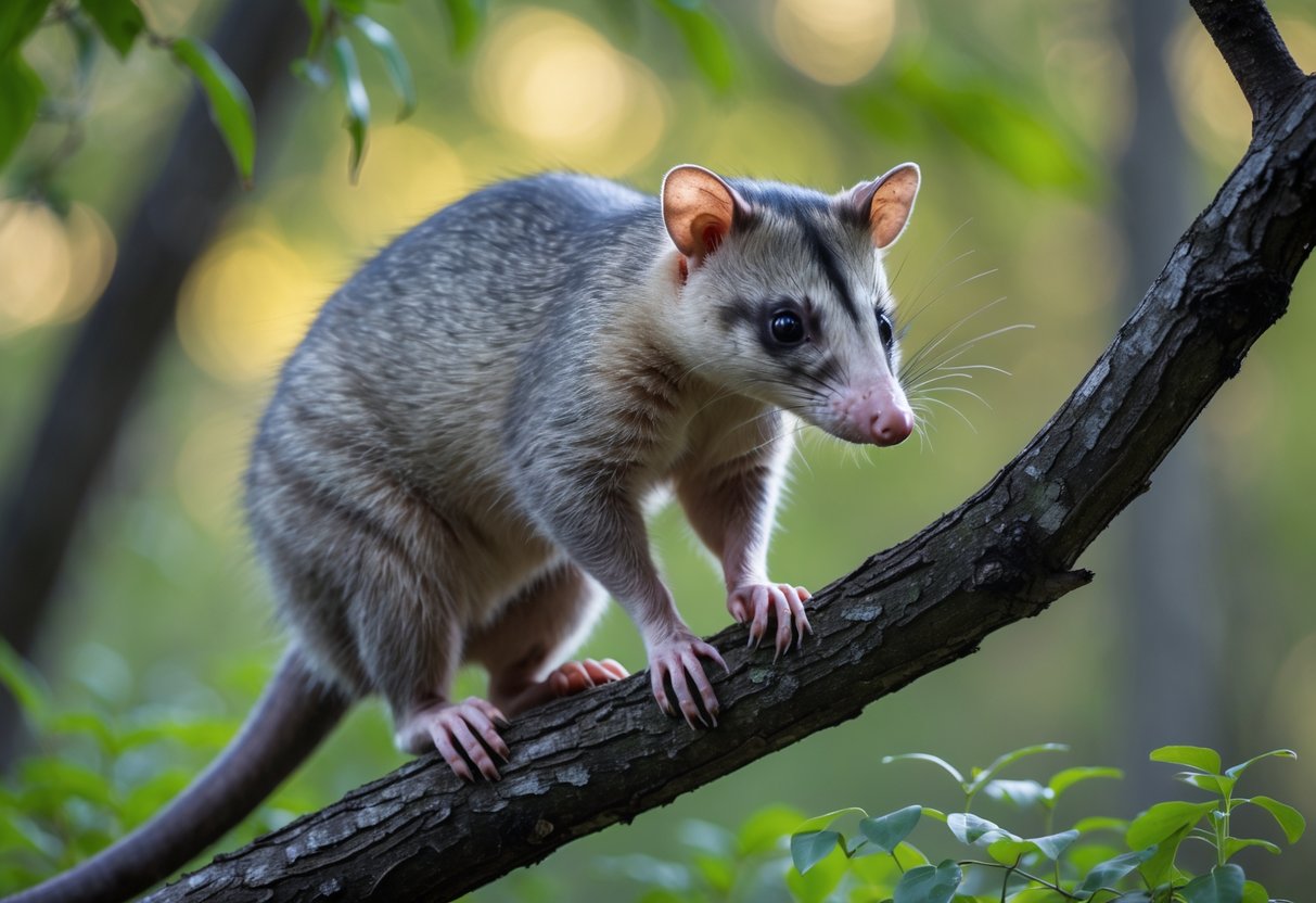 An opossum perched on a tree branch in a forest with green foliage in the background.