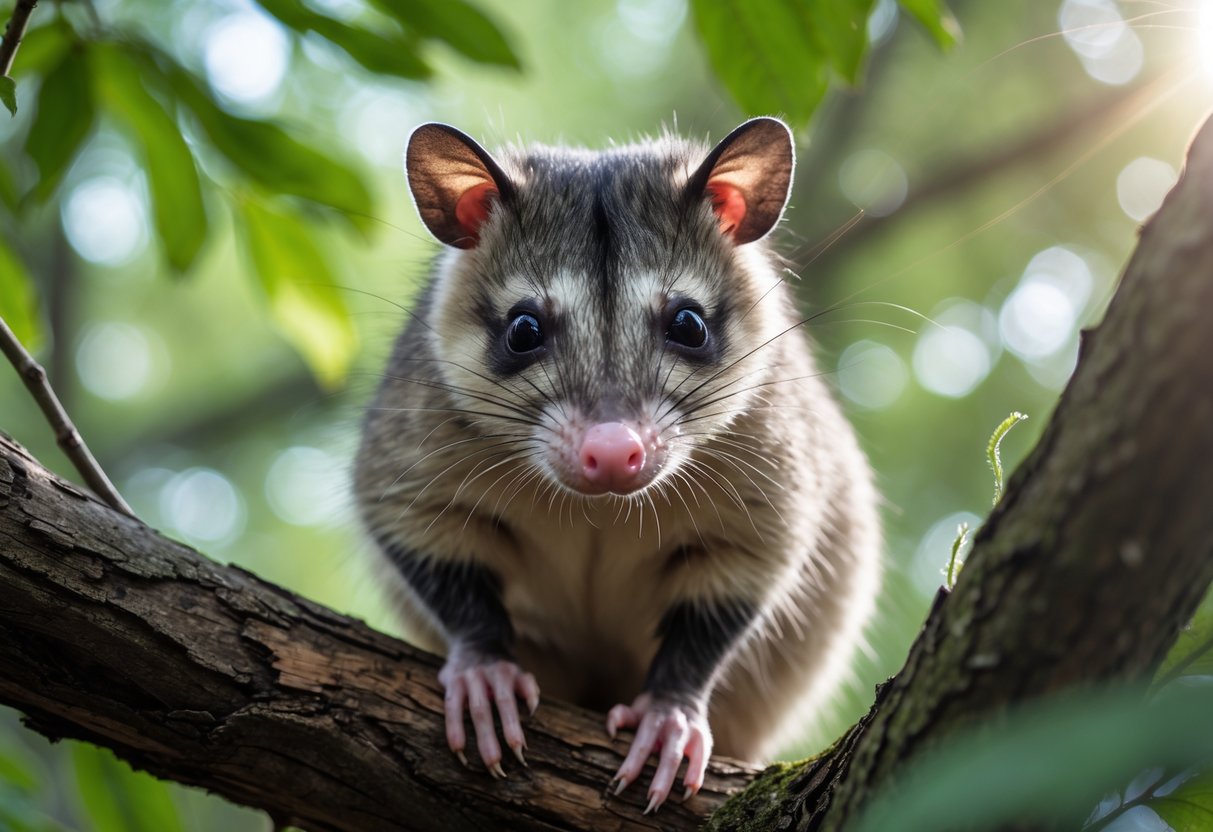 A close-up of an opossum sitting on a tree branch surrounded by green leaves.