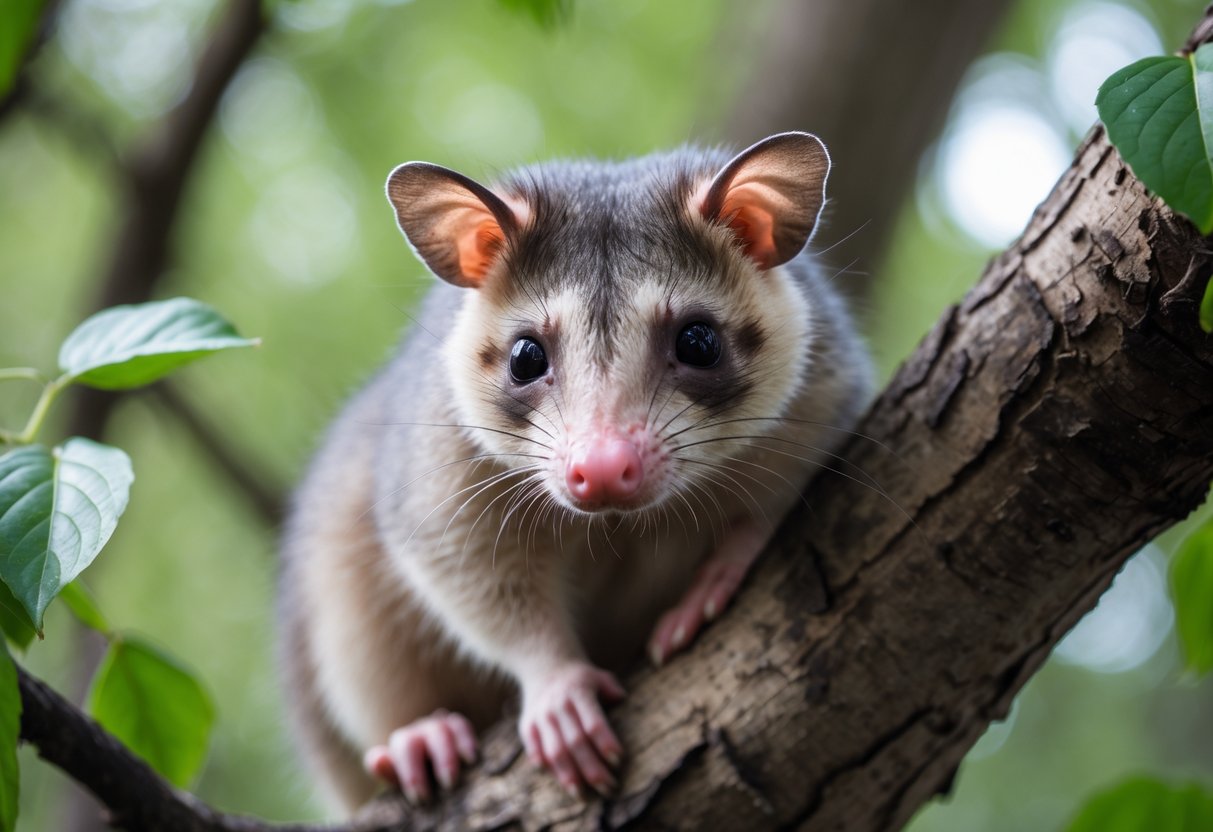 Close-up of an opossum sitting on a tree branch in a forest.