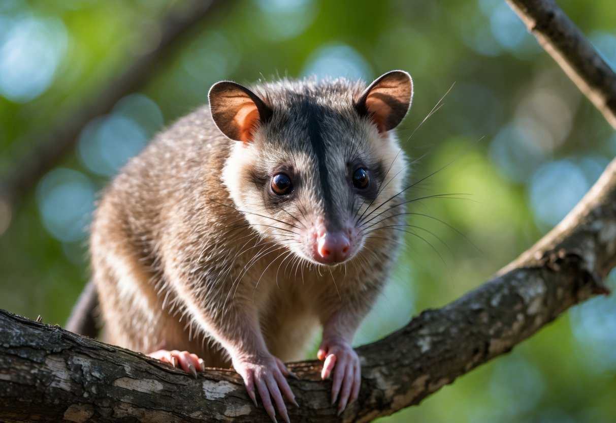 A close-up of an opossum sitting on a tree branch surrounded by green leaves.