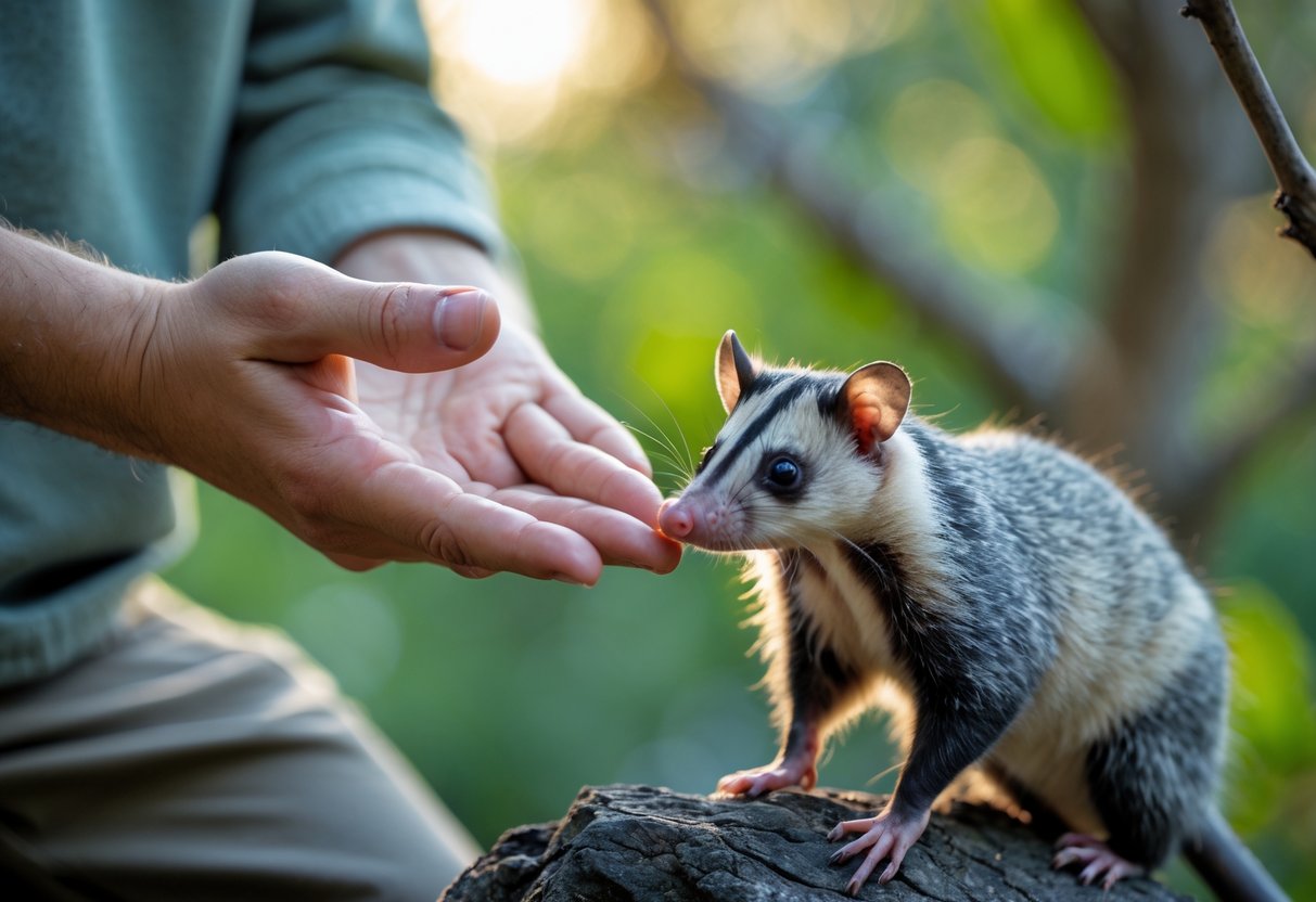 A person gently reaching out to touch a calm opossum sitting on a branch outdoors.