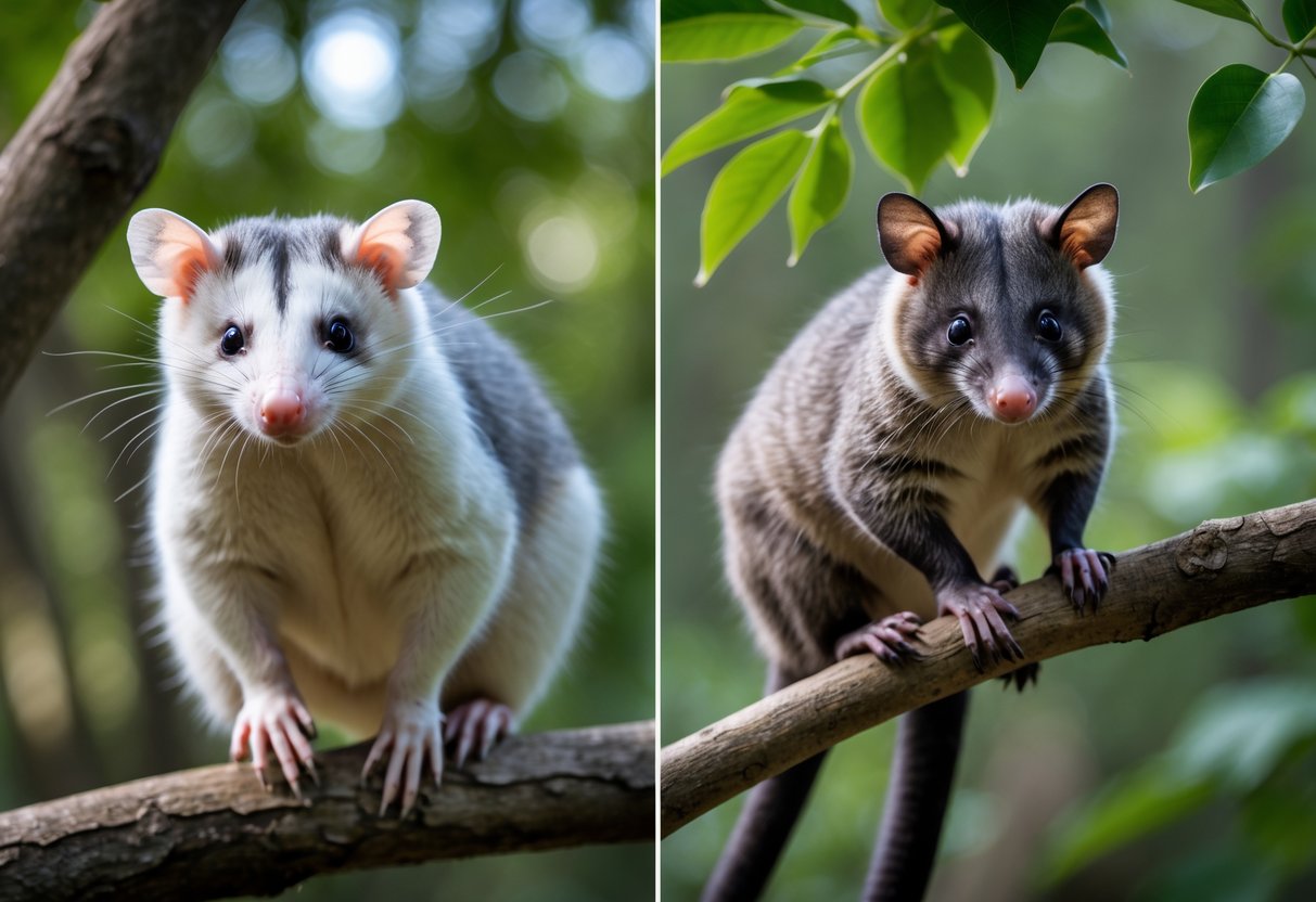 An opossum and a possum sitting on tree branches in a green forest, showing their different facial features and fur colors.
