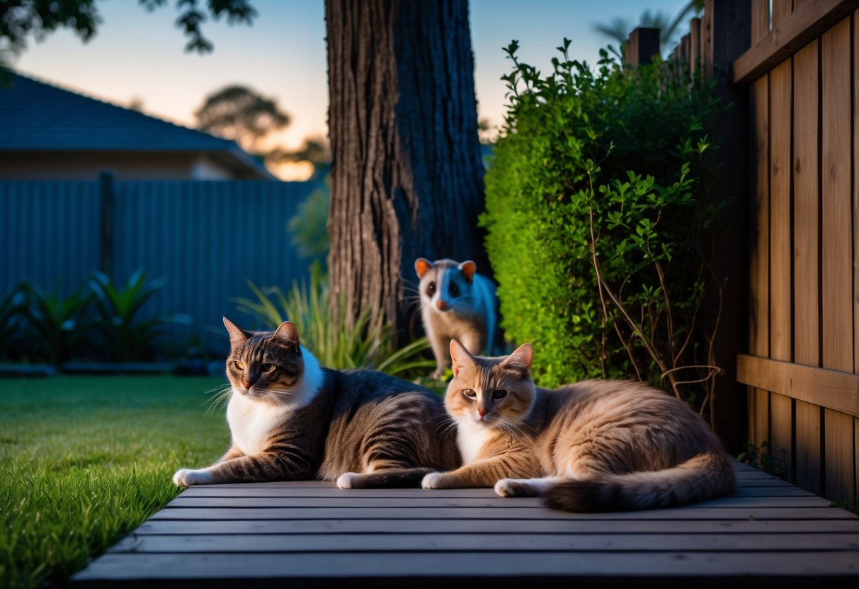 A cat and dog resting on a wooden deck in a backyard while an opossum peeks out from behind a tree nearby.