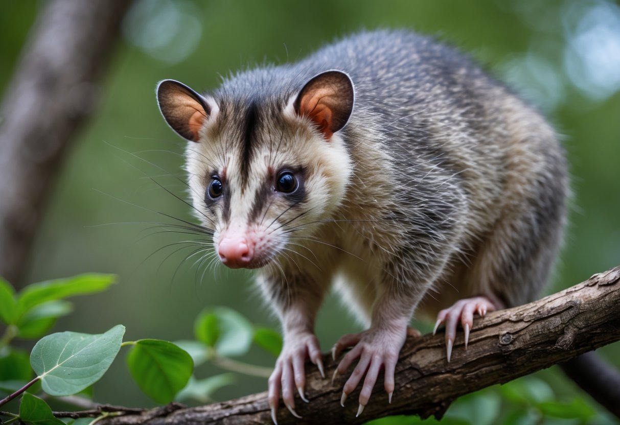 A close-up of an opossum sitting on a tree branch in a natural outdoor setting.
