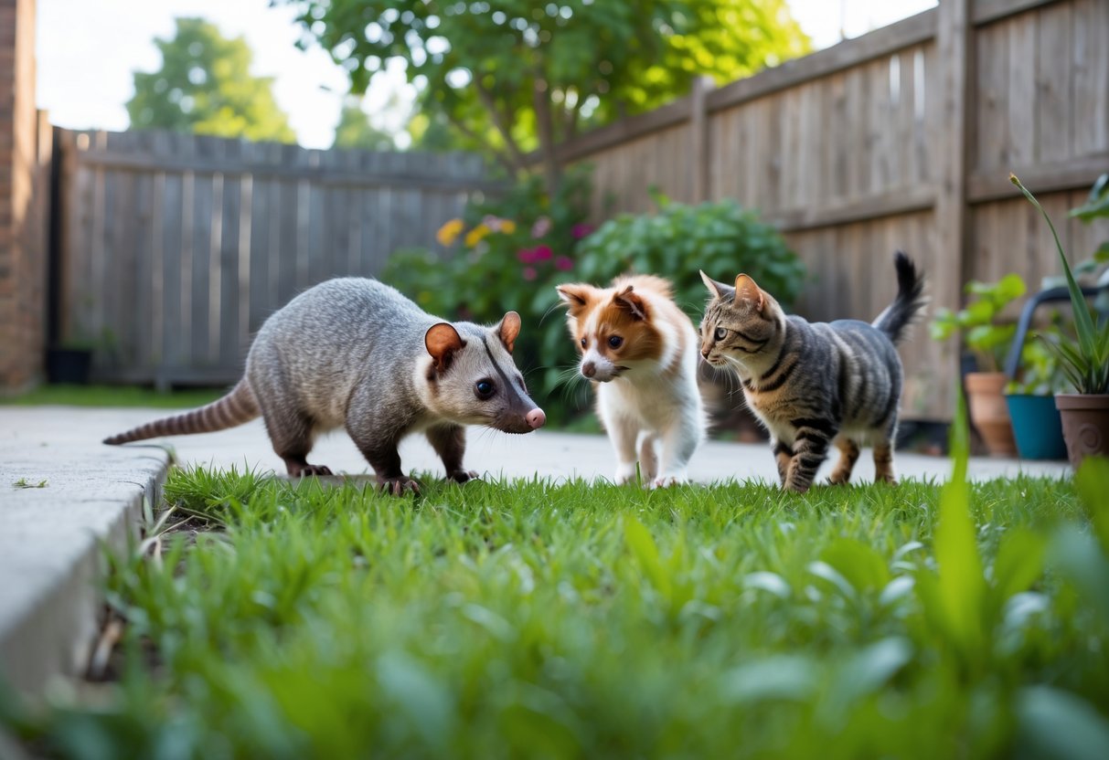An opossum cautiously approaches a small dog and a cat in a suburban backyard.