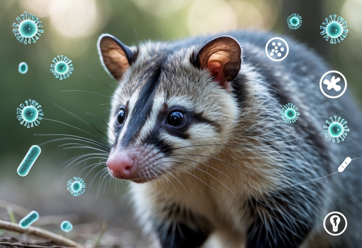 Close-up of an opossum outdoors with faint graphical icons representing germs and diseases around it.