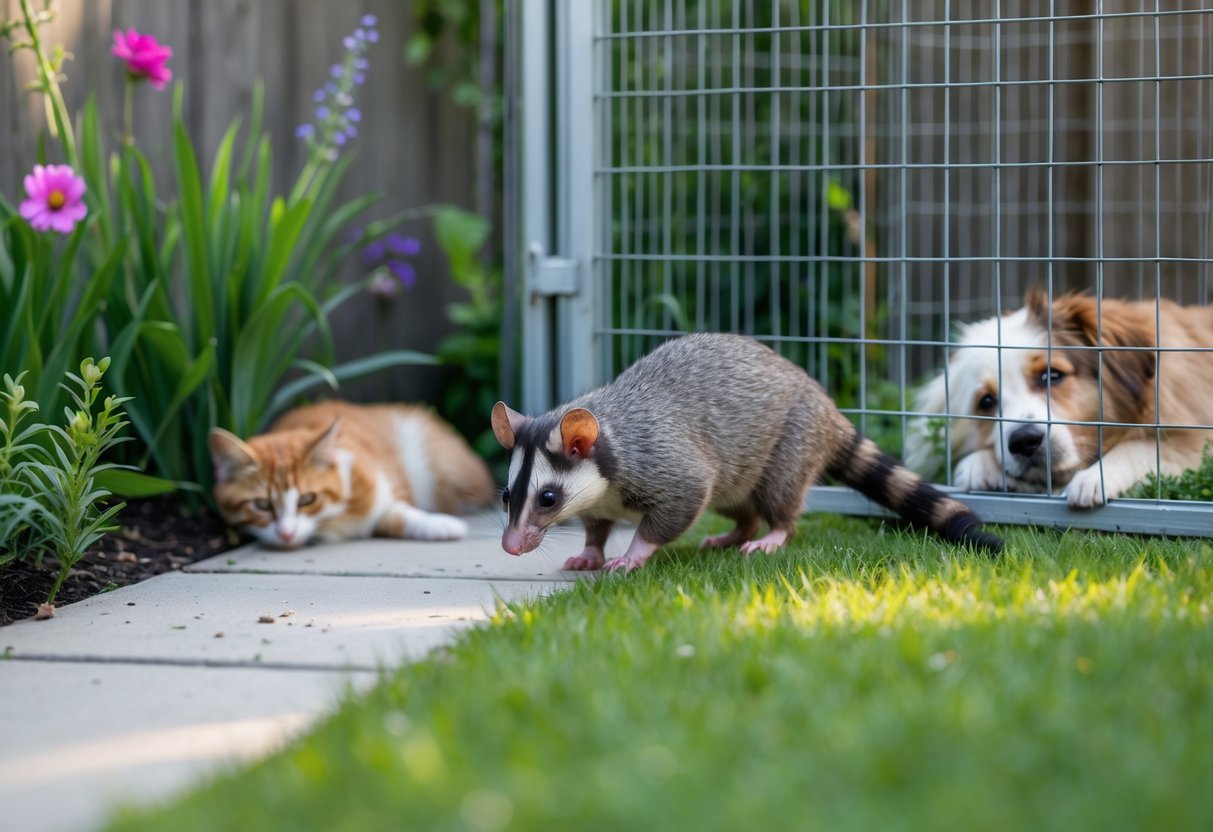 An opossum cautiously exploring near a fenced yard where cats and dogs rest peacefully in a sunny garden.