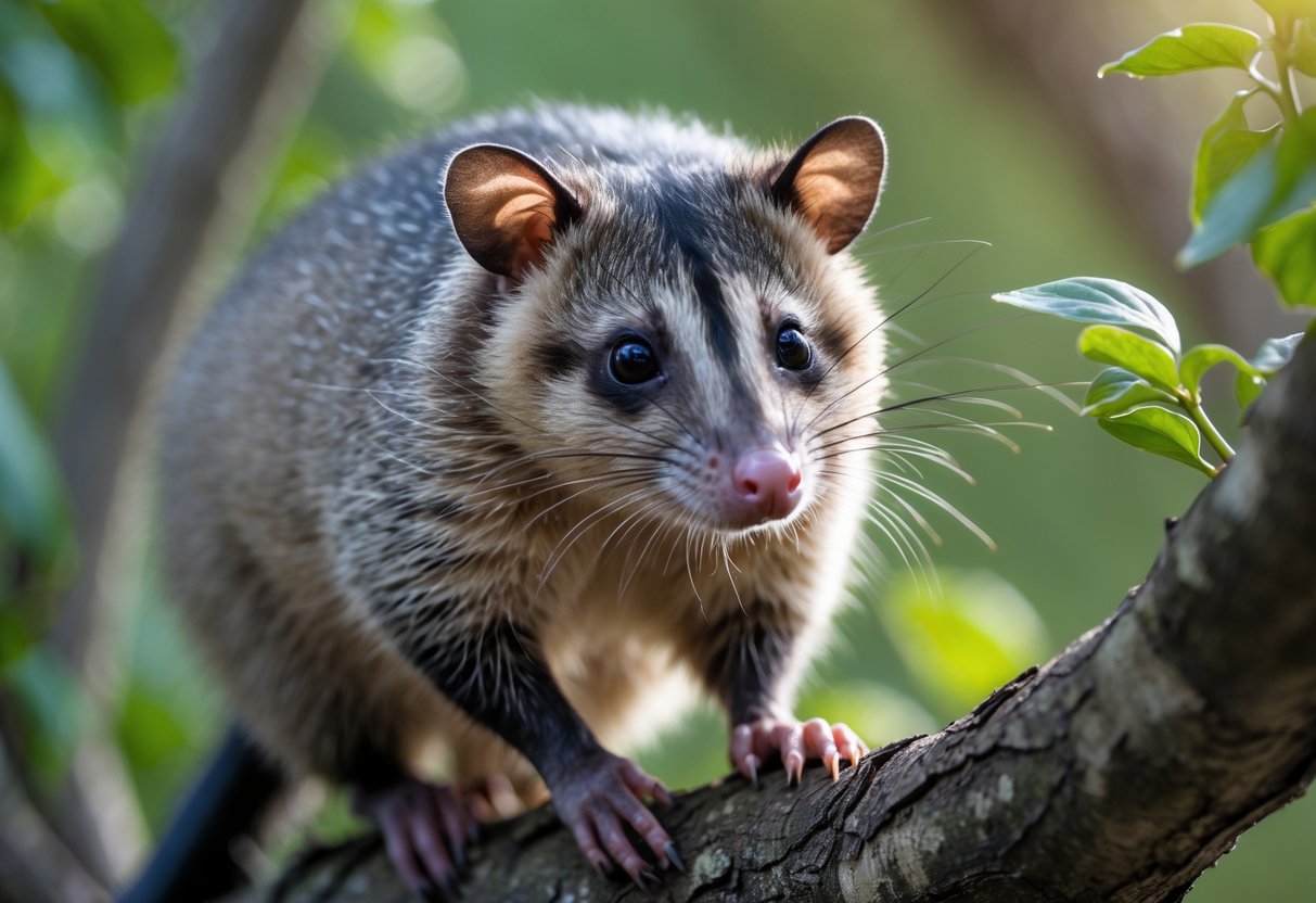 A close-up of an opossum sitting on a tree branch surrounded by green leaves.