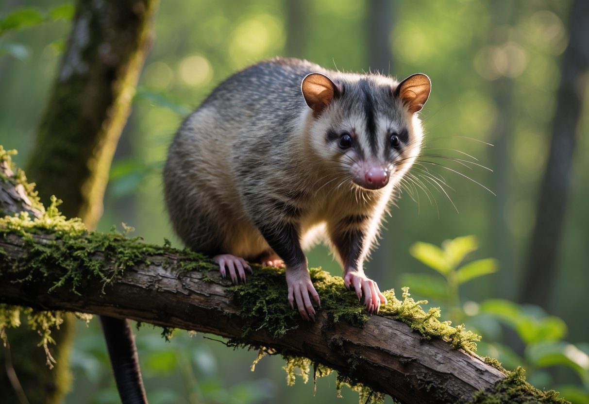 An opossum sitting on a mossy tree branch in a forest setting.