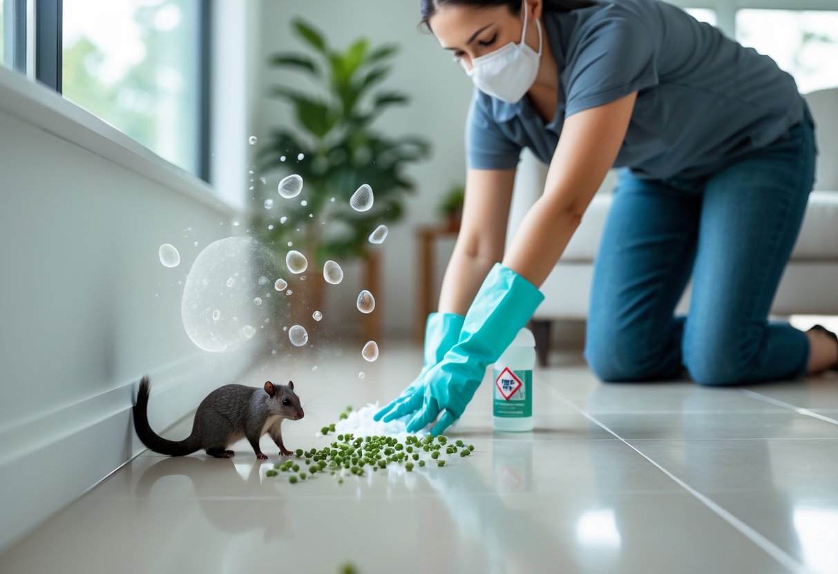 A person wearing gloves and a mask cleaning small droppings on the floor in a home, with faint illustrations of germs around the droppings.