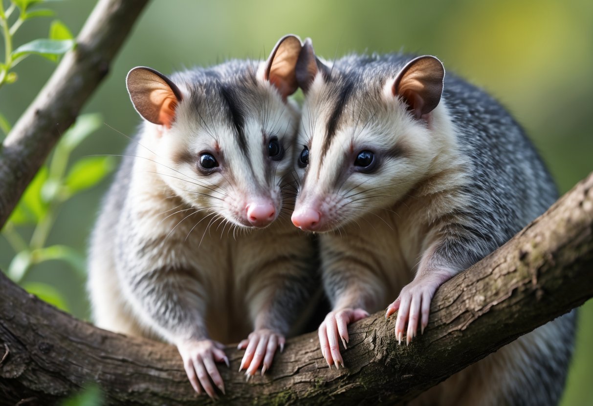 Two opossums gently nuzzling each other on a tree branch in a natural outdoor setting.