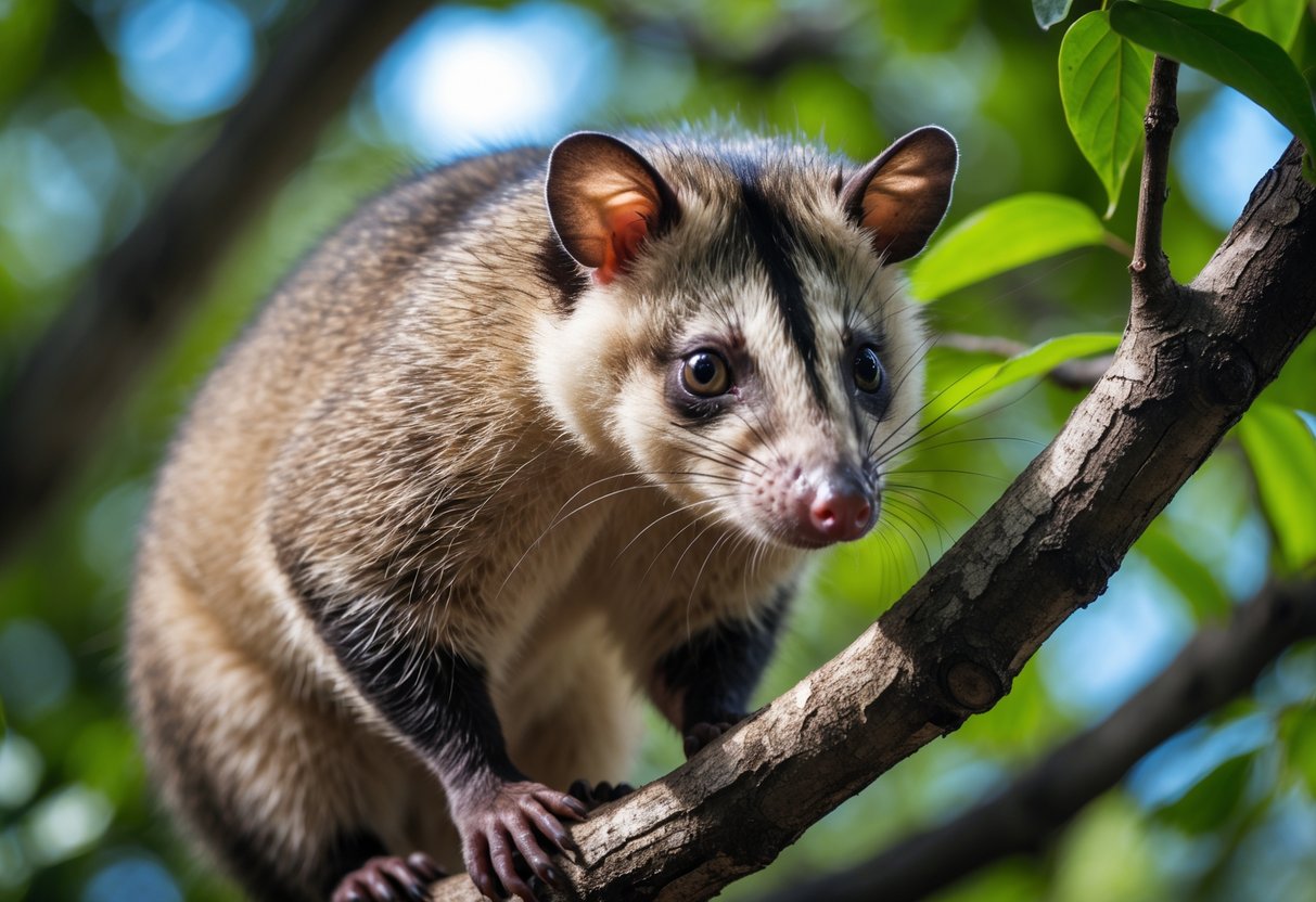 A close-up of an opossum sitting on a tree branch surrounded by green leaves.