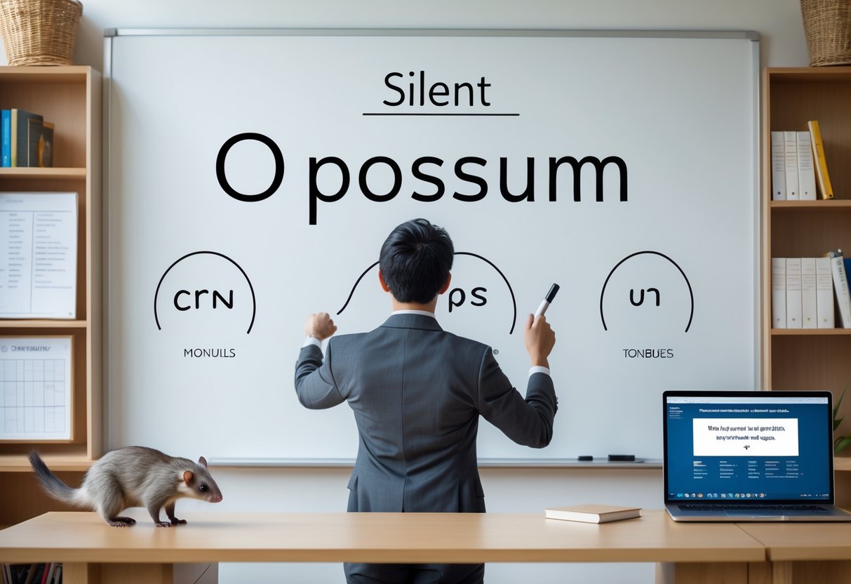 A teacher points to the word 'opossum' on a whiteboard while a small opossum sits on a desk in a bright classroom.