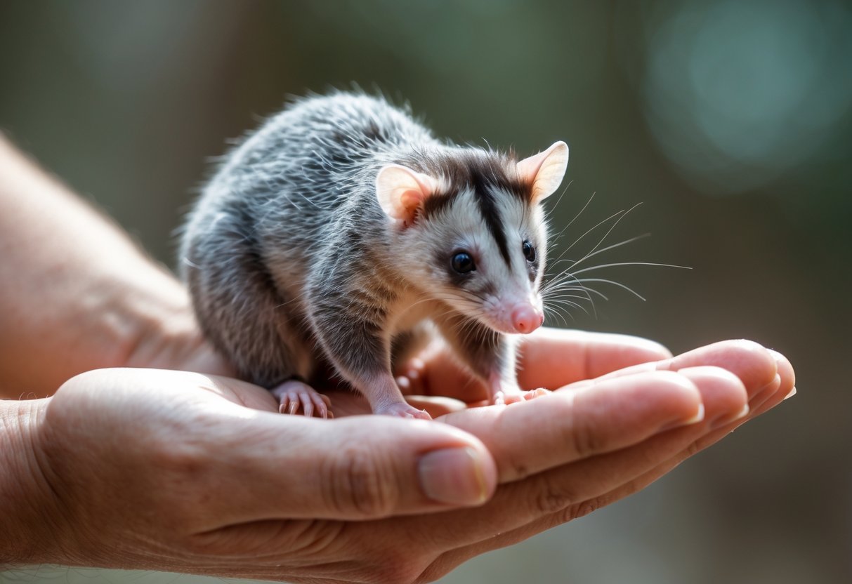 A calm opossum sitting on a person's open hand, showing a peaceful interaction between the animal and the human.