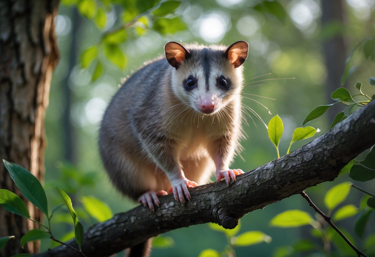 An opossum sitting on a tree branch surrounded by green leaves in a forest.