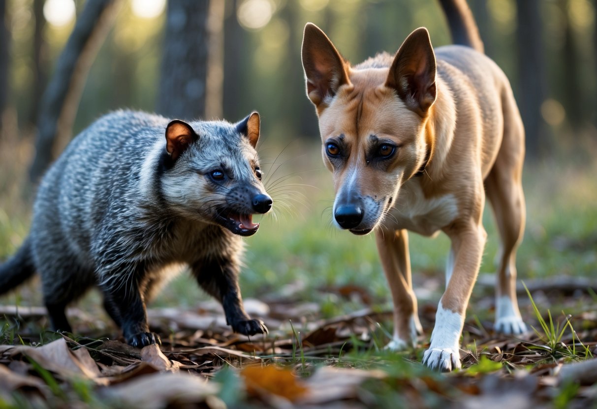A dog cautiously approaches a defensive opossum outdoors among leaves and grass.