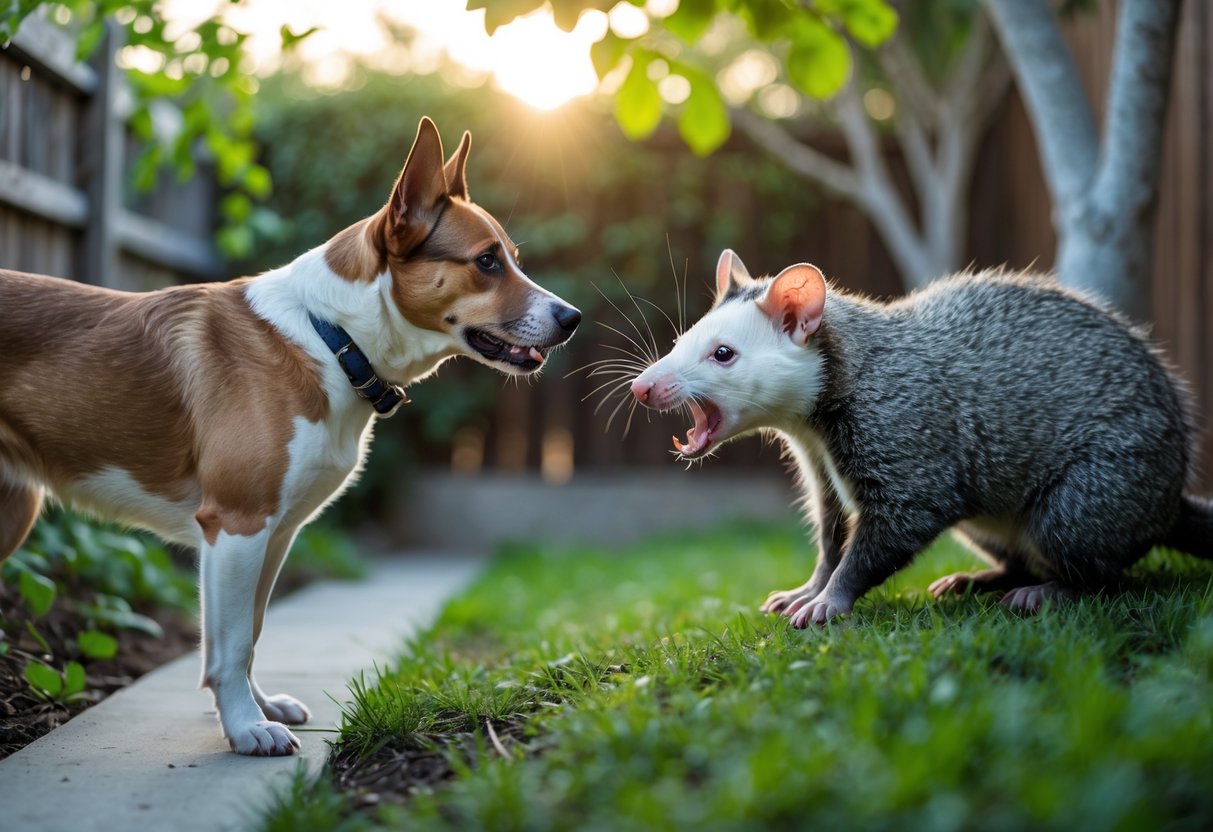 A dog and an opossum face each other cautiously in a backyard setting with grass and trees.