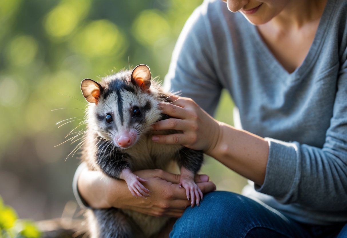 A person gently holding a calm opossum outdoors with green foliage in the background.