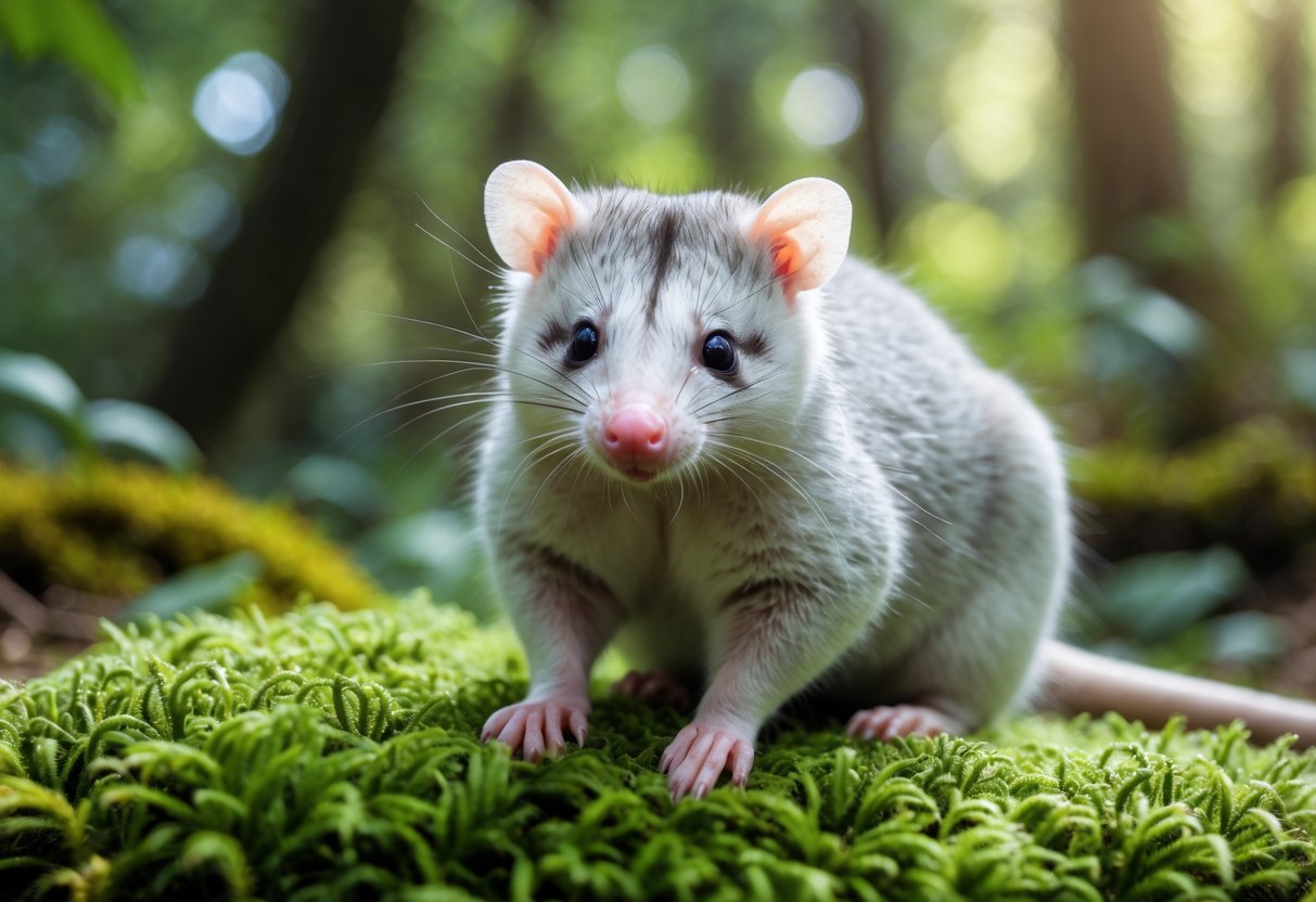 A gentle opossum sitting calmly on green moss in a forest with soft sunlight filtering through the trees.